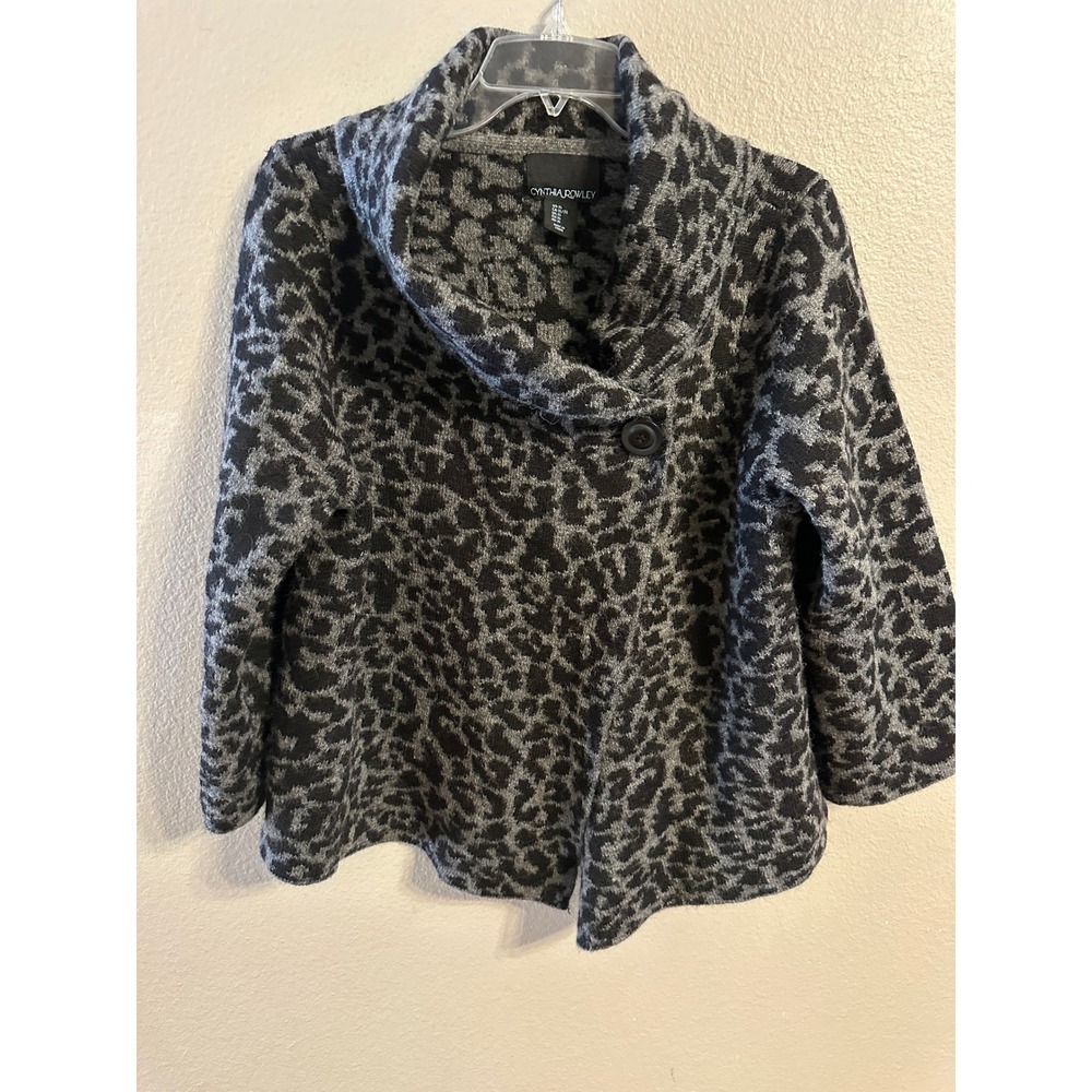 Cynthia‎ Rowley Women's XL Black Grey Leopard Print Cowl Neck Cardigan Sweater